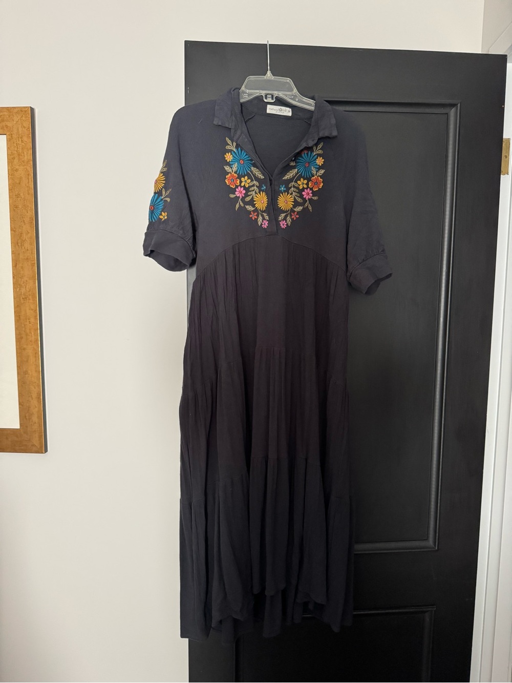 NATURAL LIFE Black Maxi Dress with Colorful Floral Embroidery